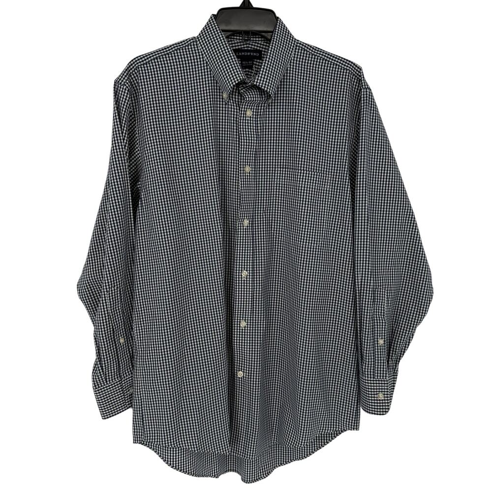 Land's End Blue White Gingham Check Button Down Dress Shirt Men’s 15.5
